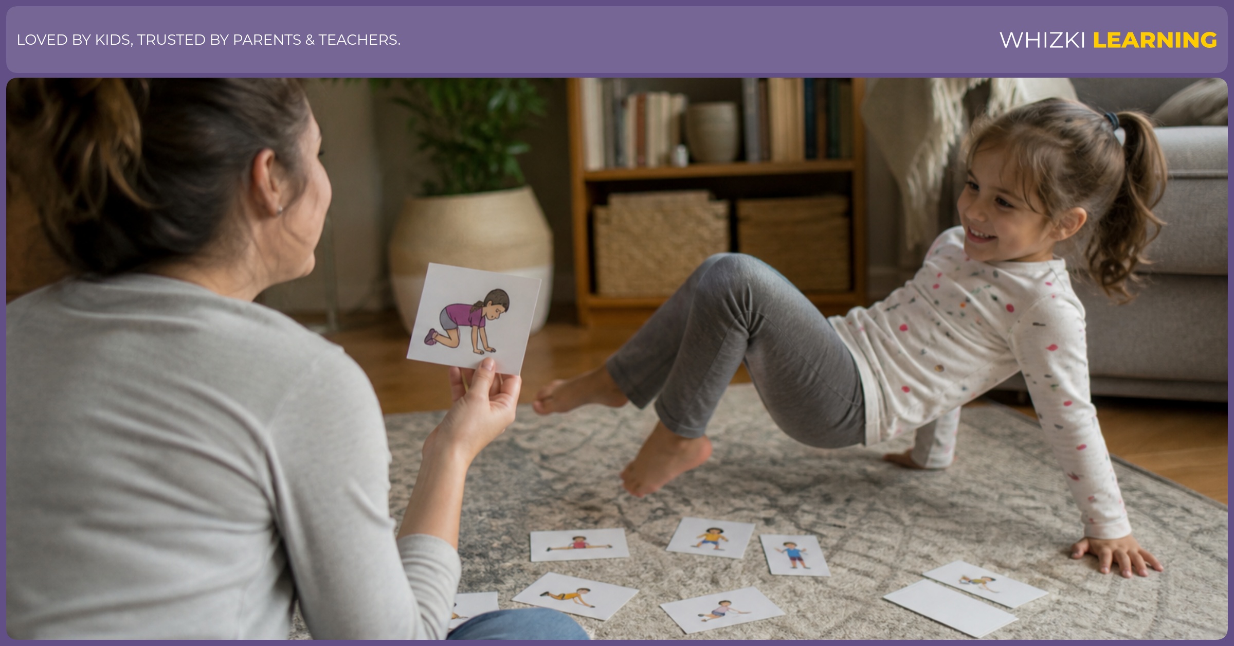 A caregiver and child play S verb charades with paper cards on a living-room rug.
