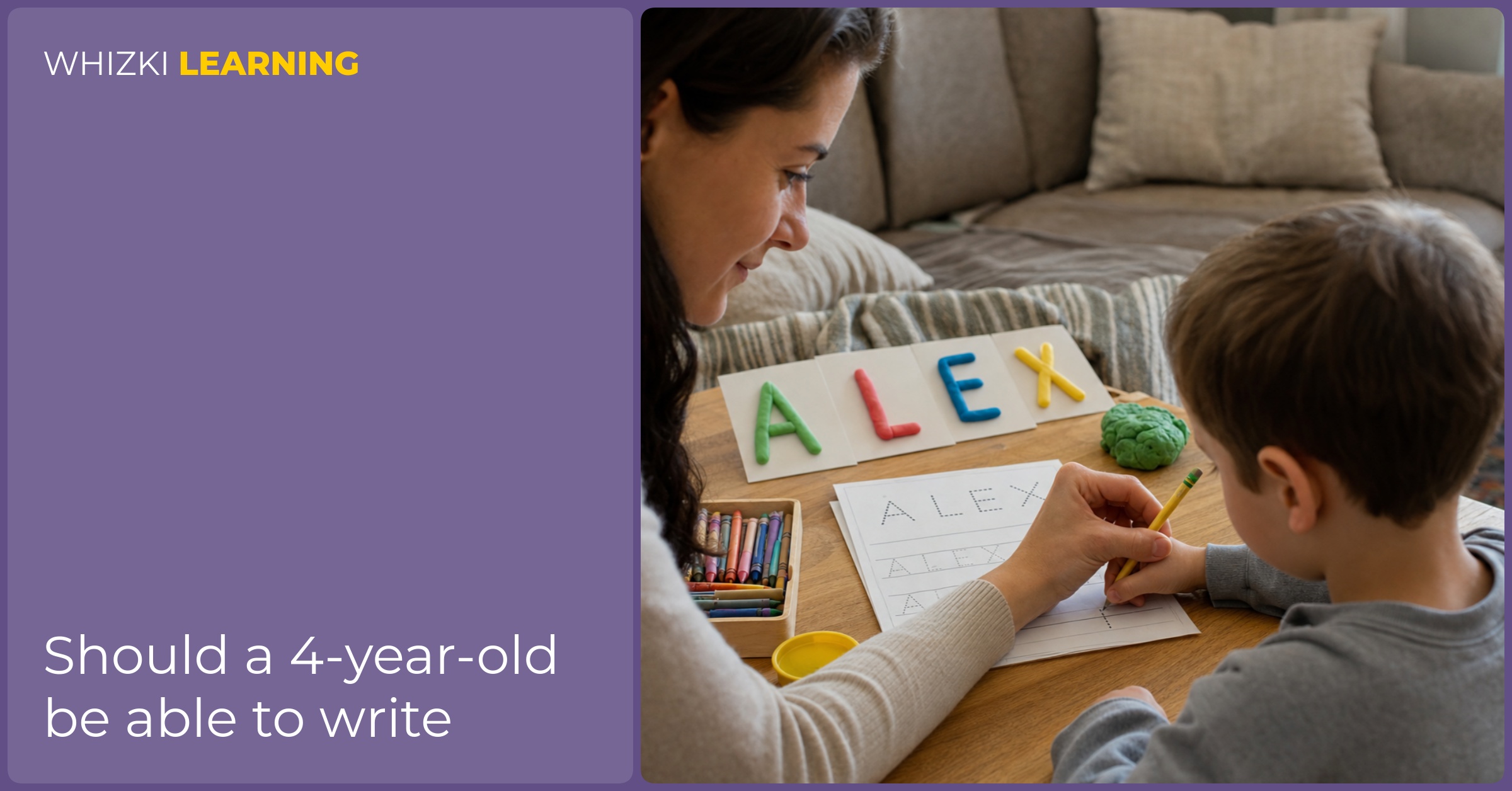 A caregiver helps a preschool child trace large name letters on paper at a living-room table with crayons nearby.