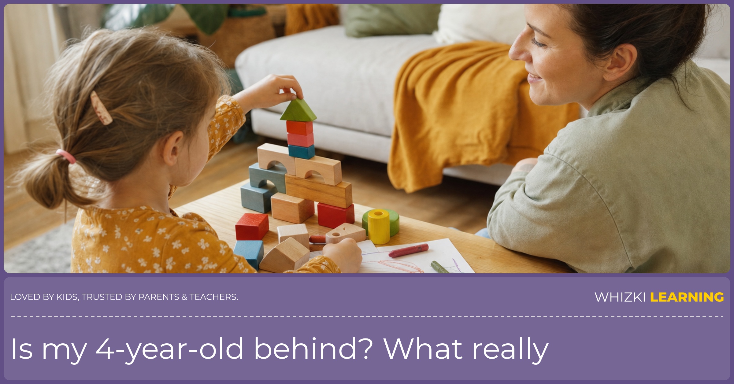 A caregiver watches a preschool child build with blocks and draw on paper in a calm living-room setting.