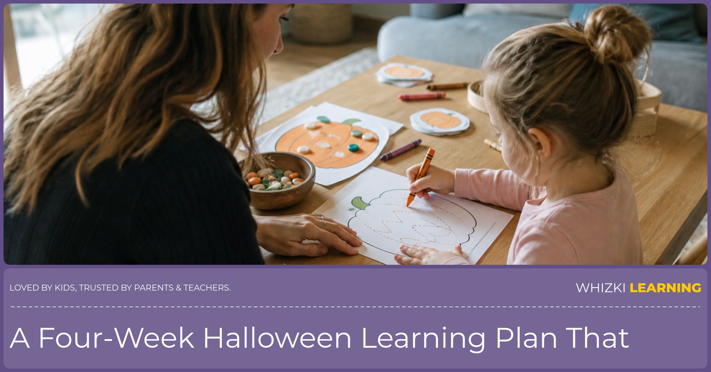 A caregiver helps a child trace pumpkin paths and build a simple pattern with paper pieces.