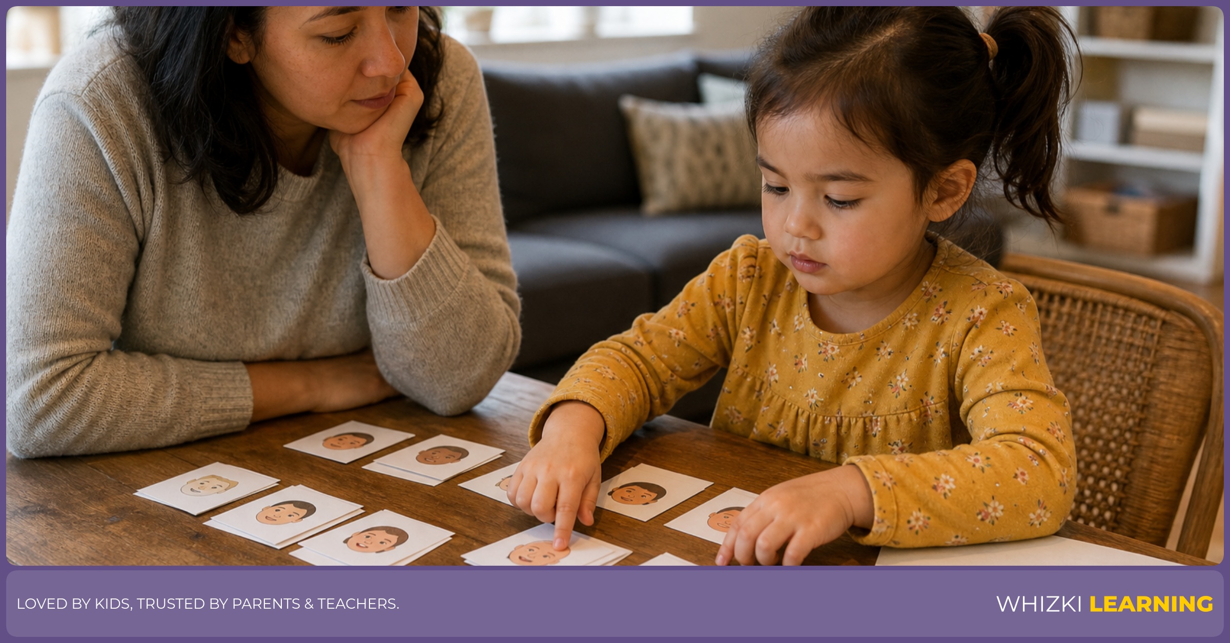 Parent and child at a kitchen table sorting Q adjective cards into feeling piles, with fingers pointing to word cards and a calm, focused expression.