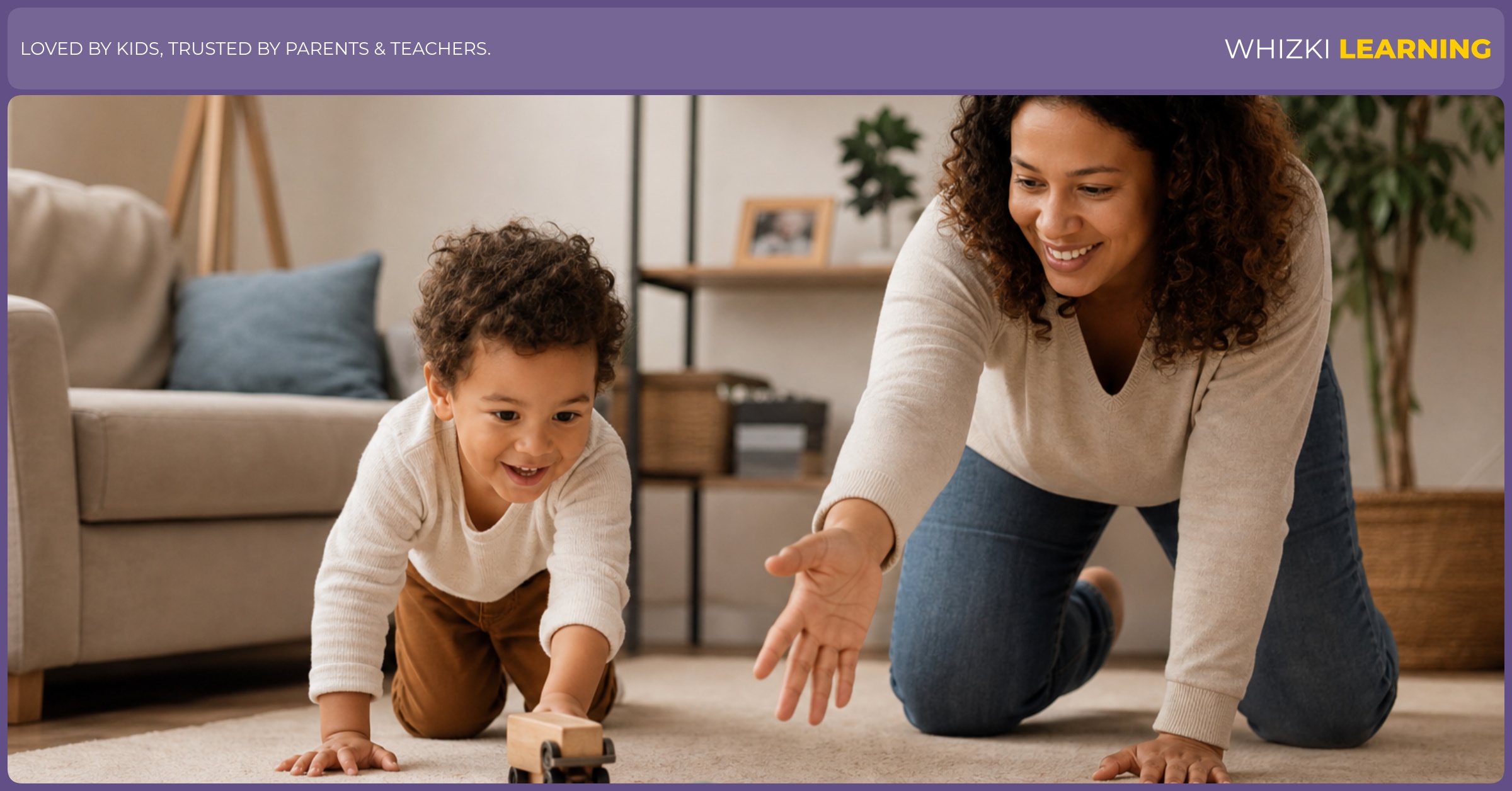 A parent and child play a screen-free action game for letter R, rolling and running with a small ball, warm indoor light and calm focus.