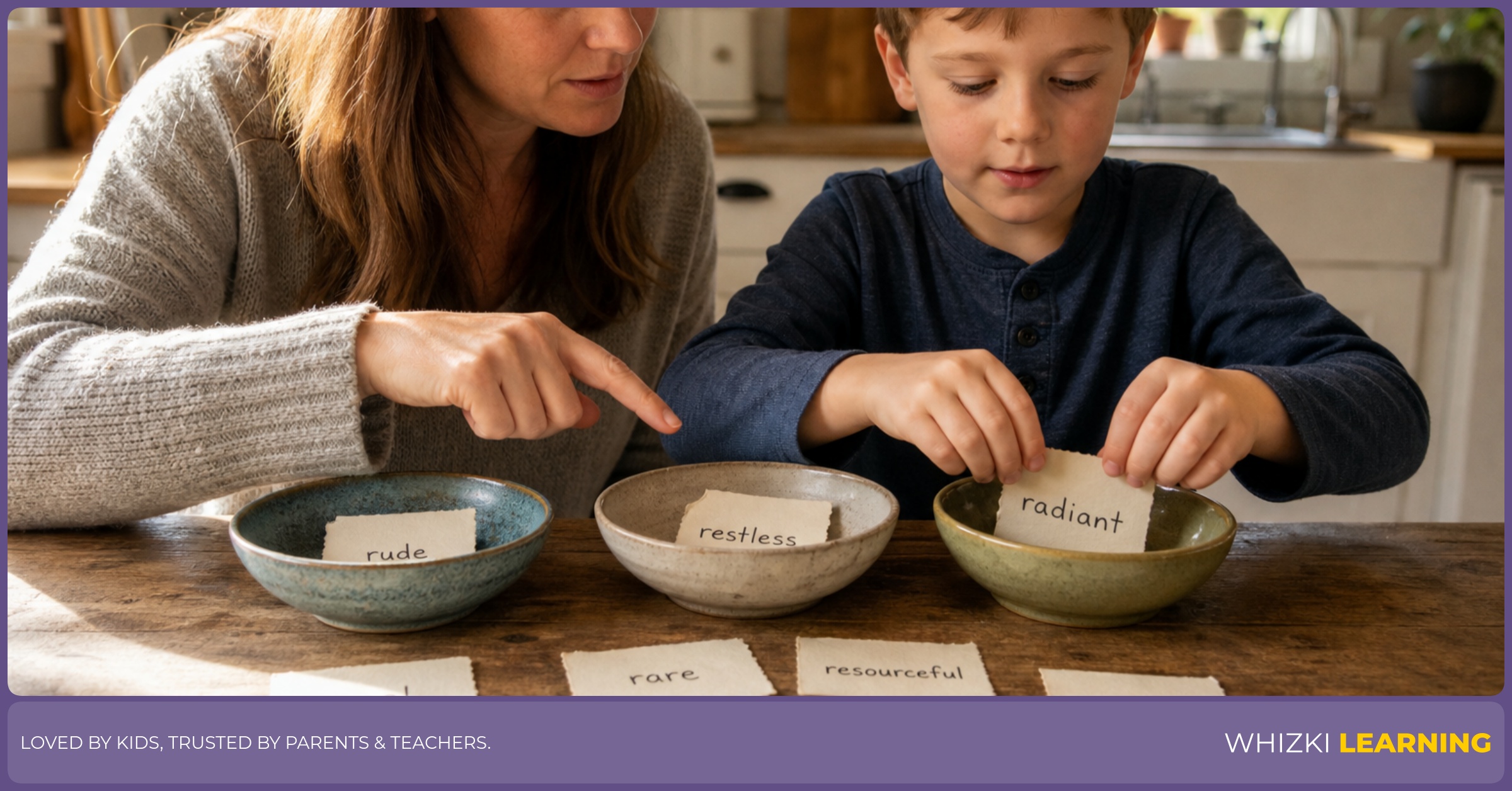 A parent and child calmly sort R adjective cards into three bowls at a kitchen table, fingers pointing to each word card, warm natural light