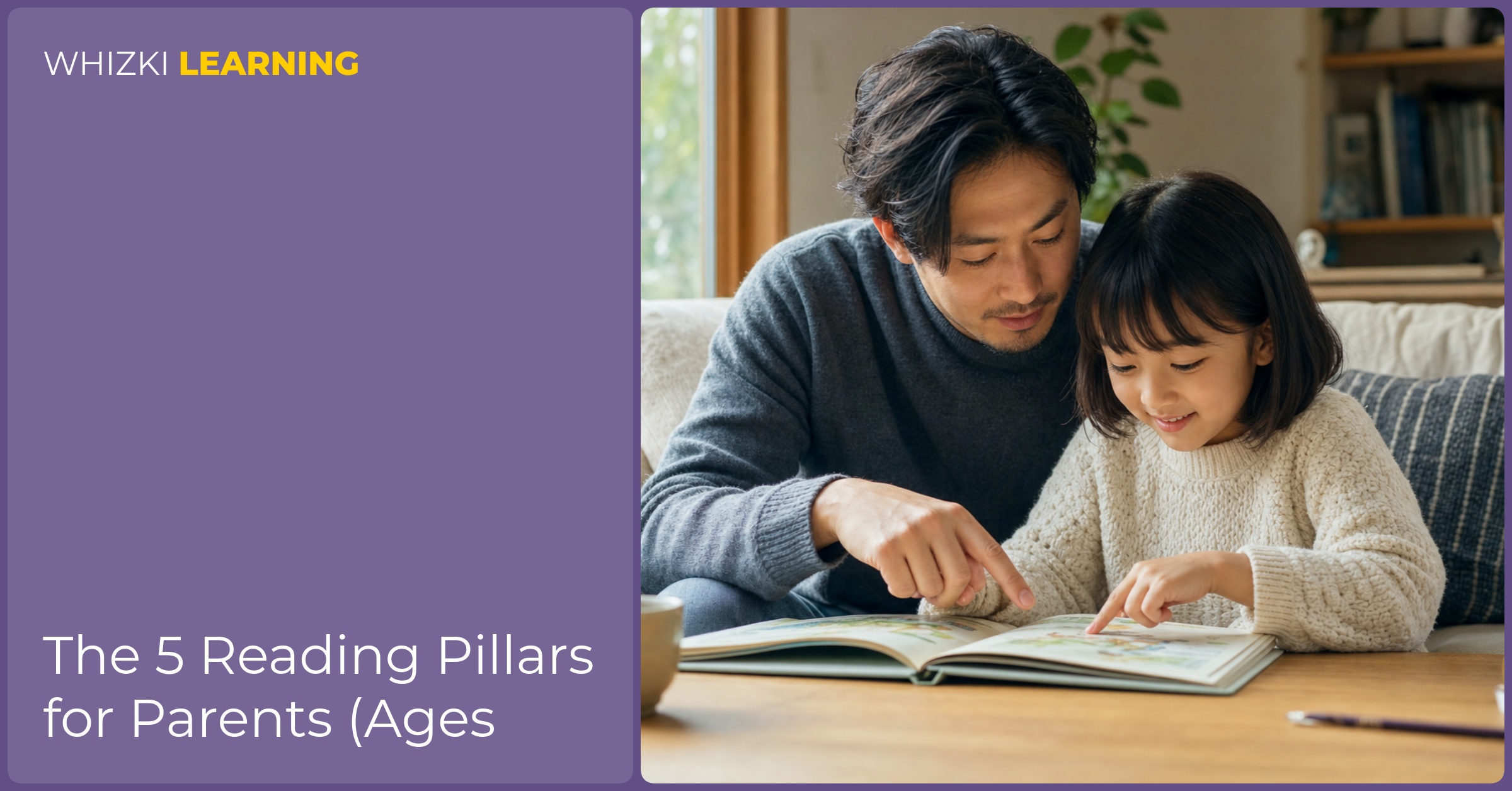 A parent and child sit on a couch with a small picture book, doing a calm reread routine with finger tracking and gentle voice modeling.