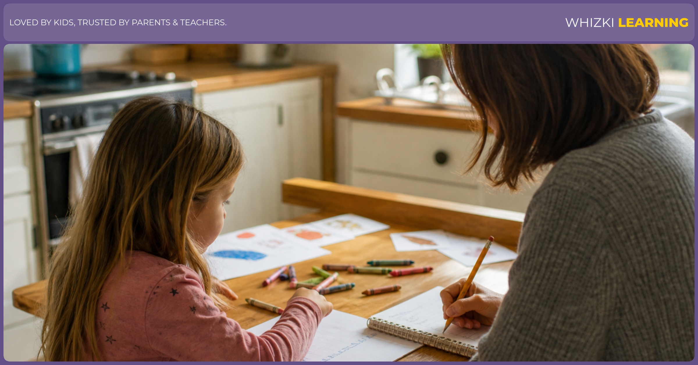 A parent writes a short homeschool activity log while a young child sorts crayons at the kitchen table.
