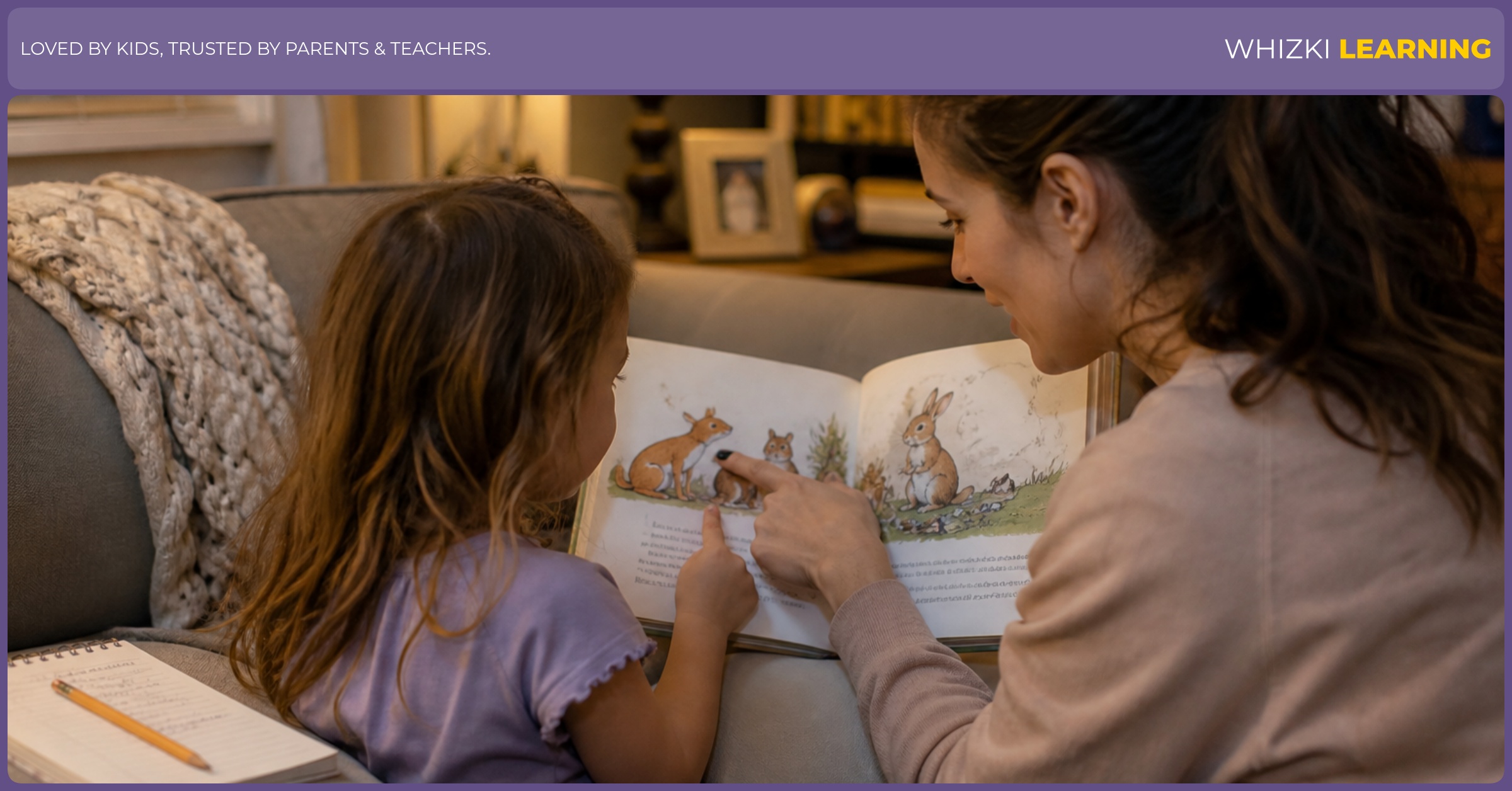 A caregiver and young child reread a favorite book on a couch with a small reading note nearby.