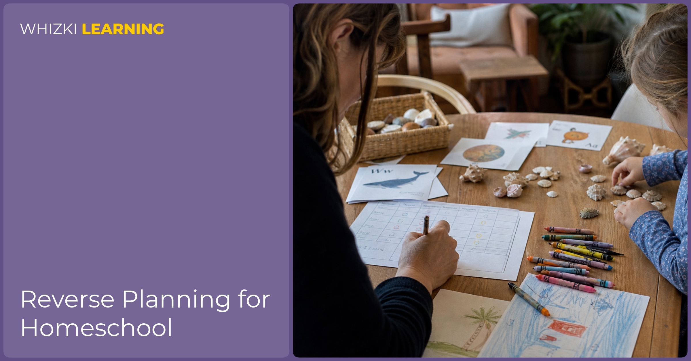 A parent writes a short homeschool record while a young child sorts shells and crayons at the kitchen table.