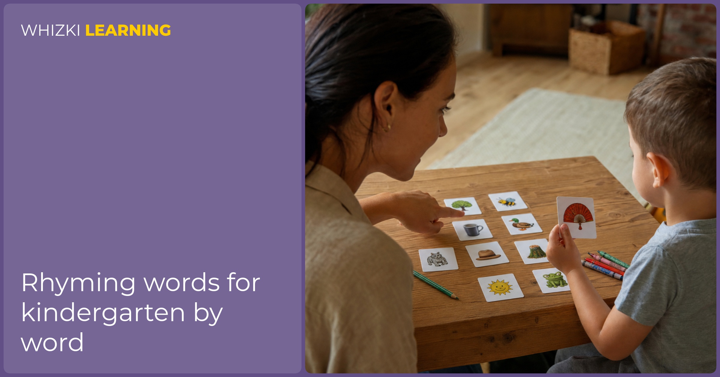 A parent helps a child sort rhyming picture cards at a kitchen table.