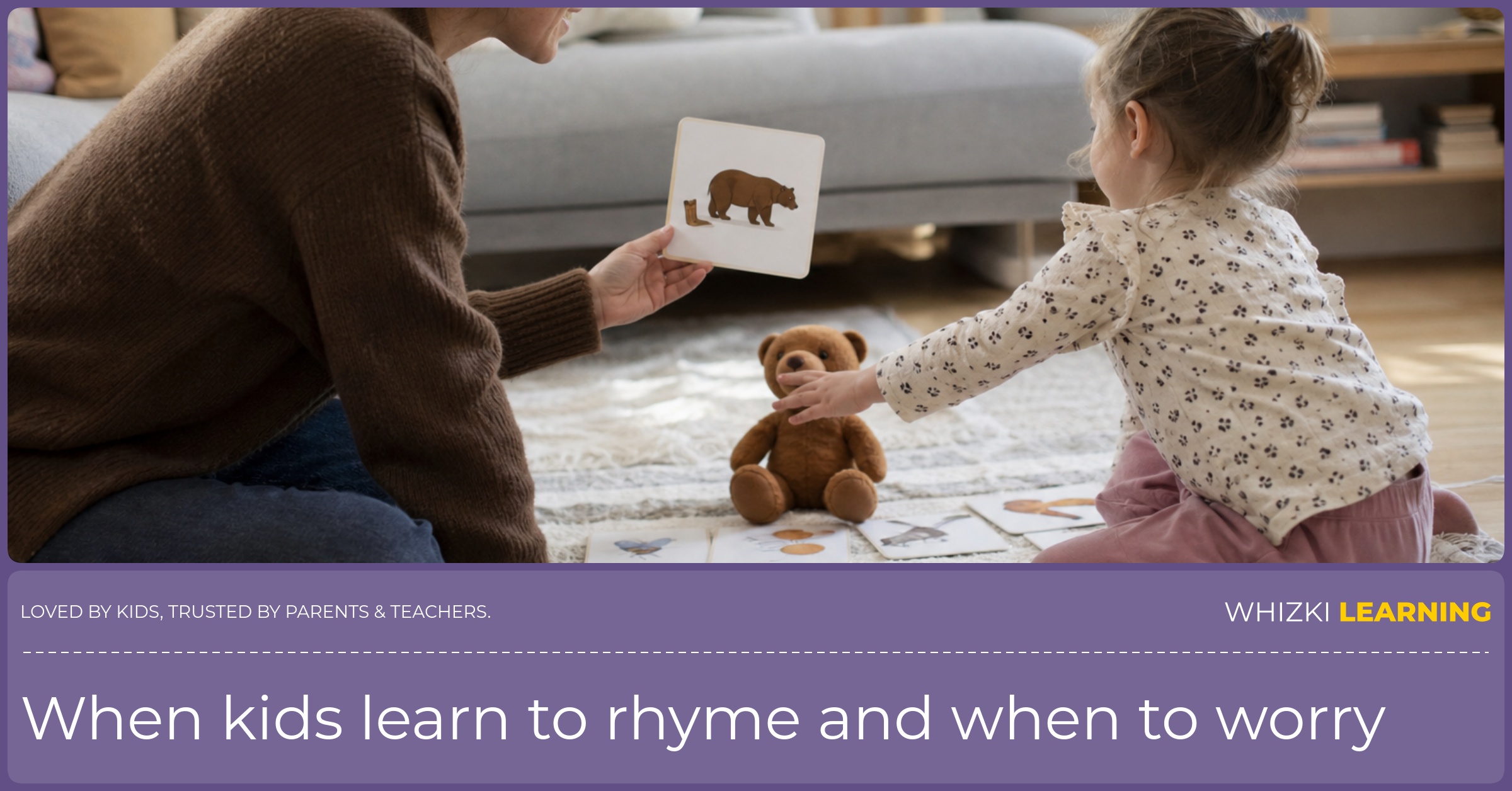 A caregiver and child play a quiet rhyming game with picture cards and household objects on a living-room rug.