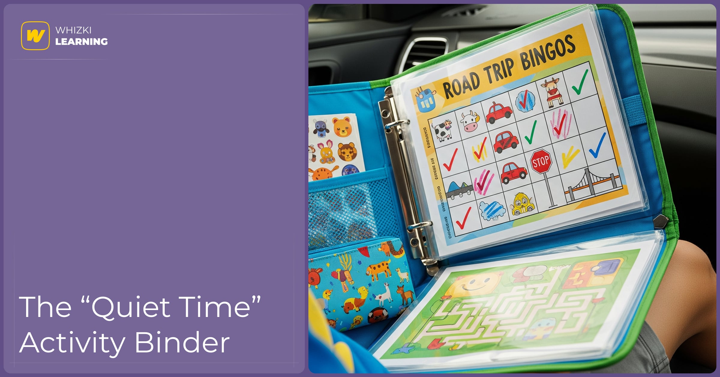 An open activity binder on a child's lap in a car. One page has a bingo game, and a pocket holds colorful stickers and crayons.