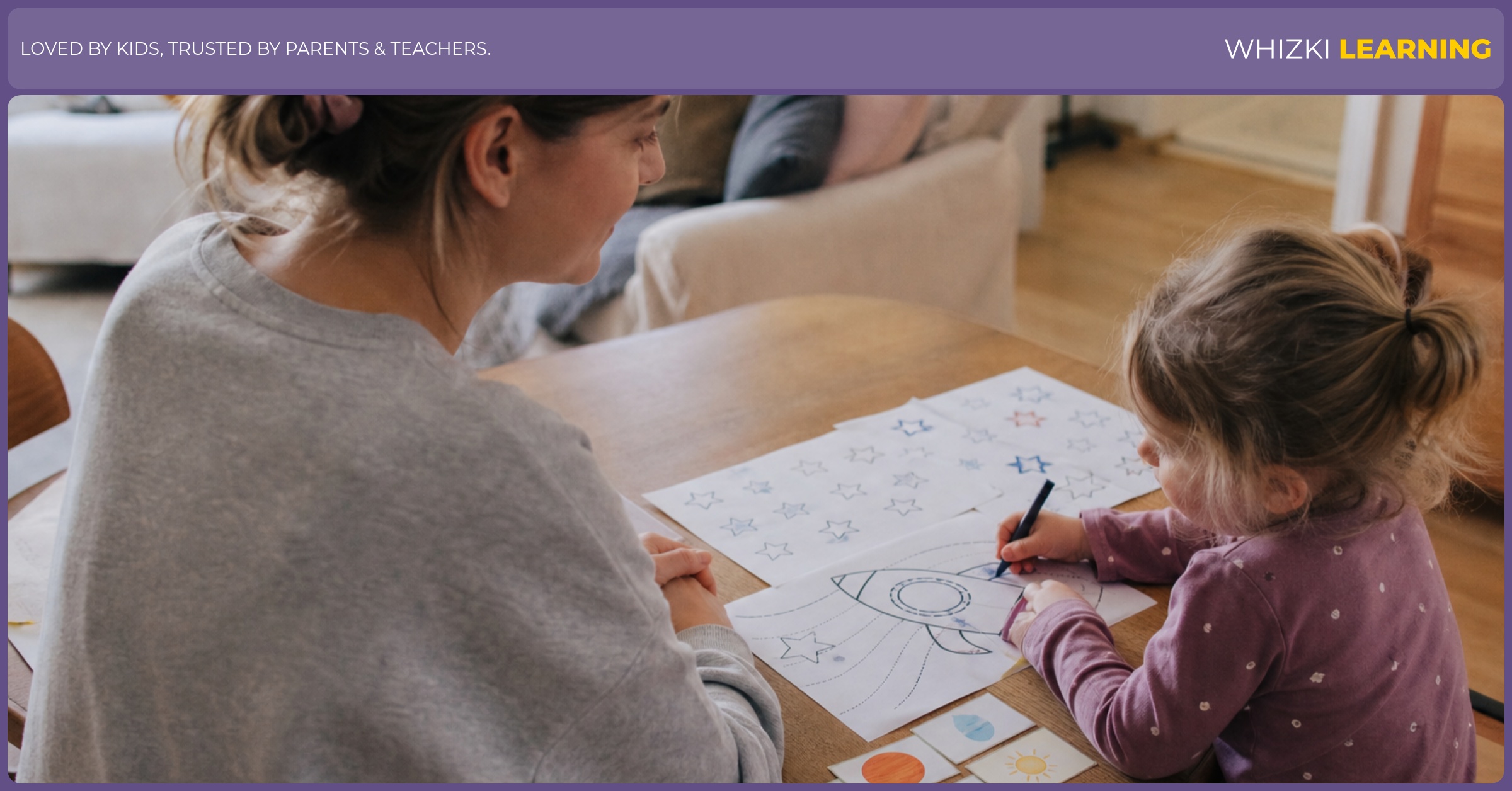 A caregiver watches a child trace a rocket path and color a star pattern page.