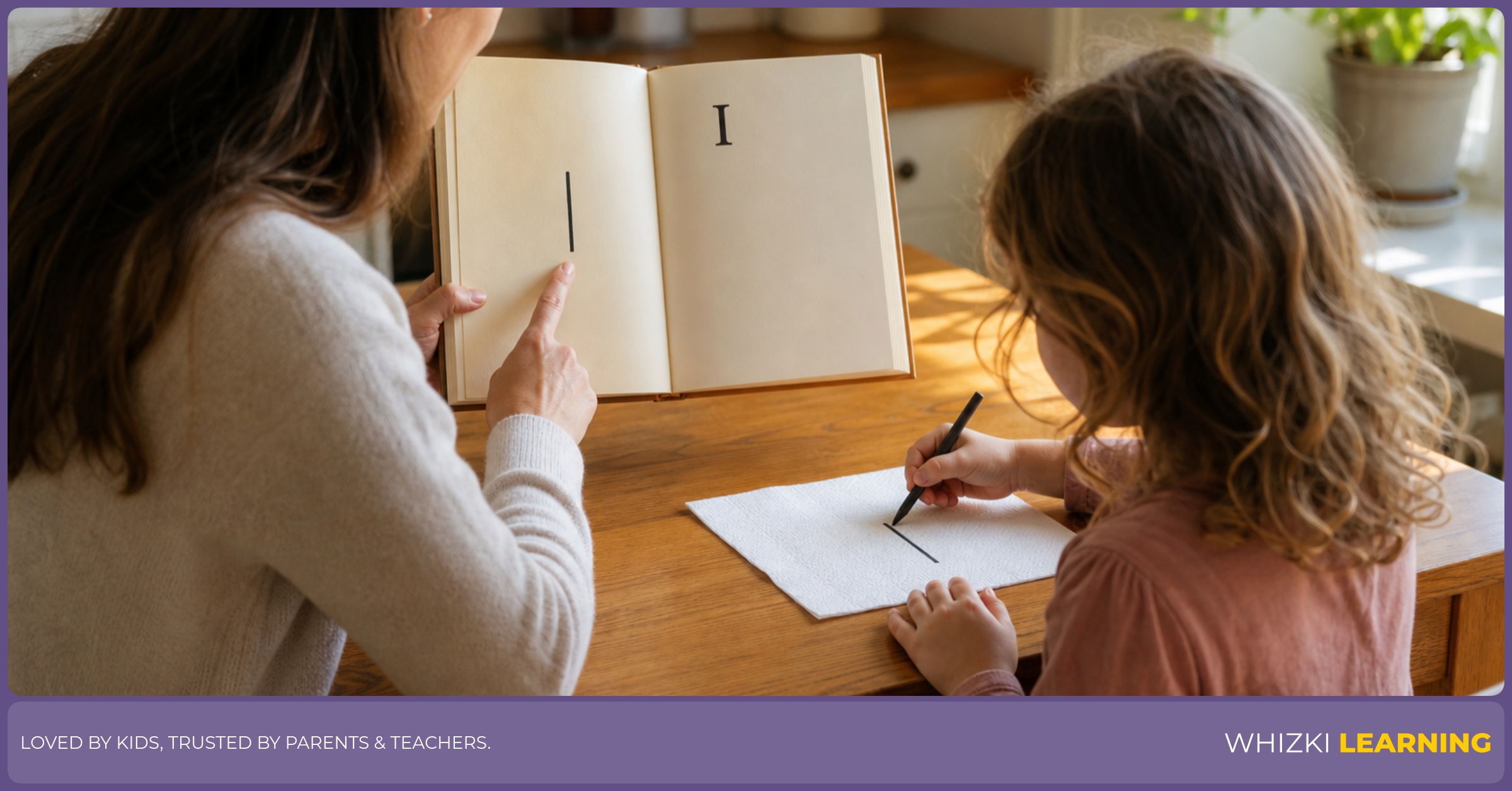 A parent and child sit at a kitchen table with an open book, the parent points to the first page number and the child traces a single straight line while saying Roman numeral I means 1