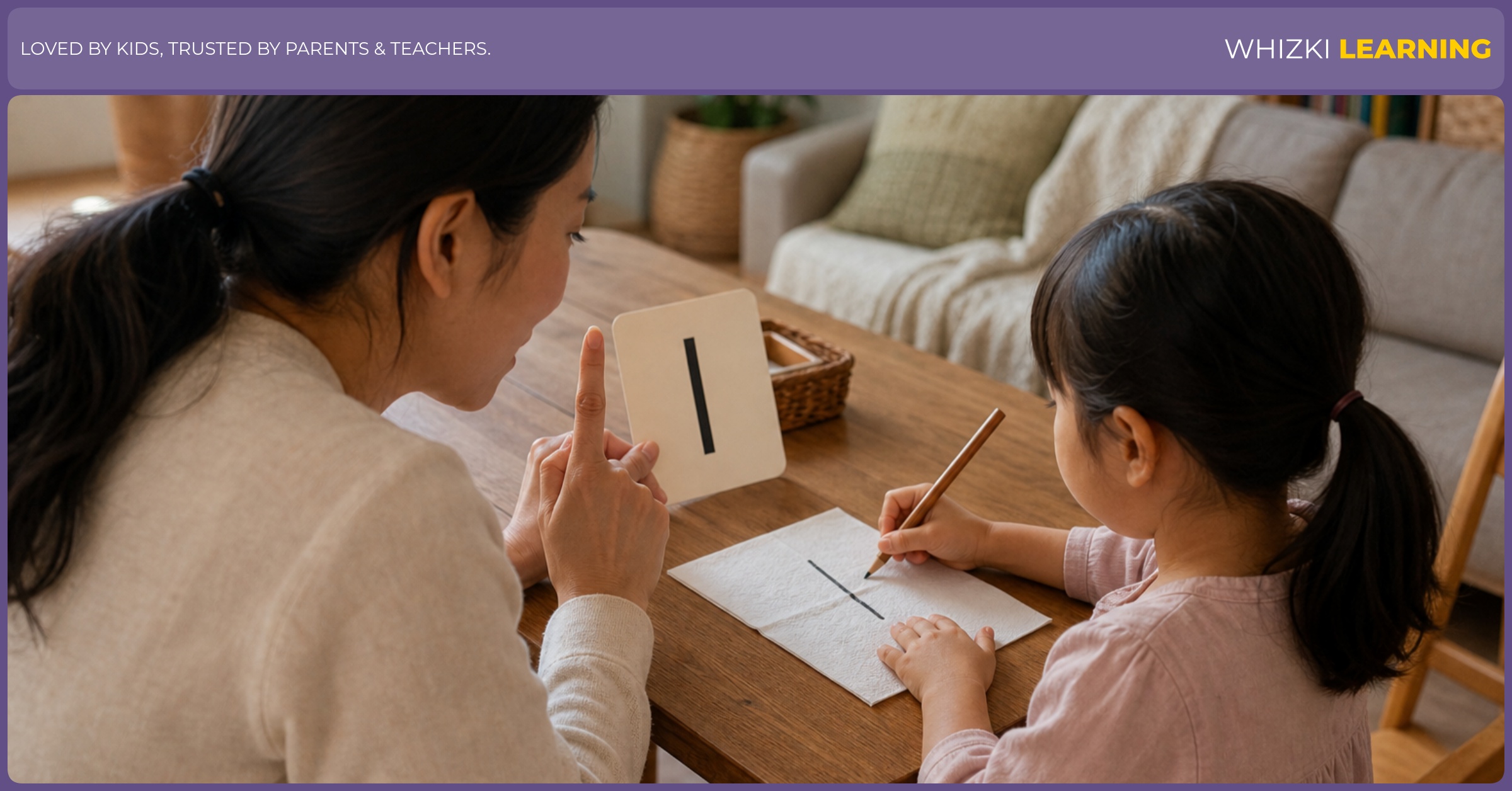 A parent holds up one finger and helps a child draw one straight tally line on a napkin while saying I is 1