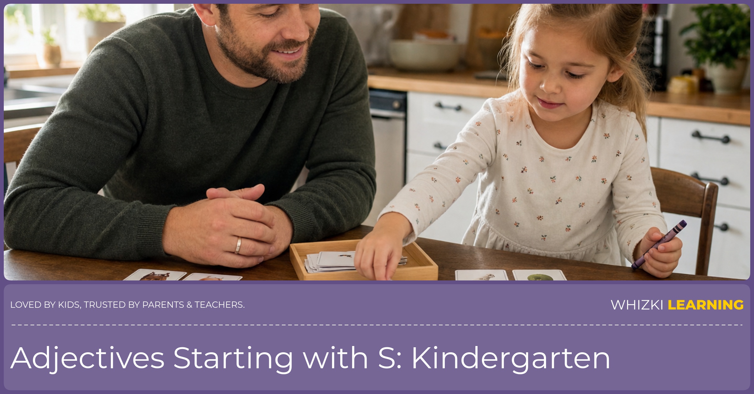 A parent and child using paper cards to sort S adjectives into feeling, size, and personality piles at a calm kitchen table.
