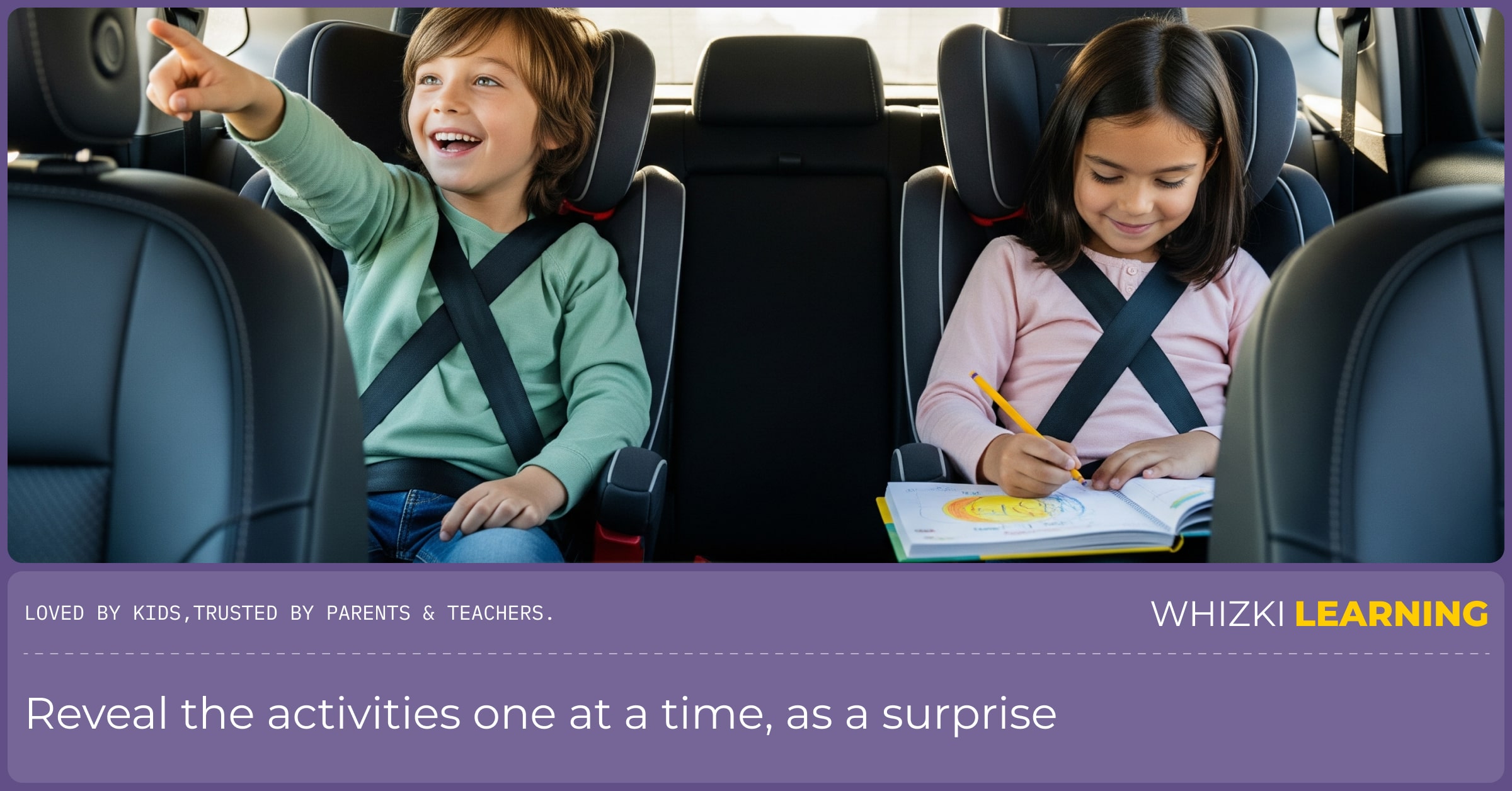 View from the front seat of a car, showing two smiling children in the back seat, one looking out the window and one coloring in a book.