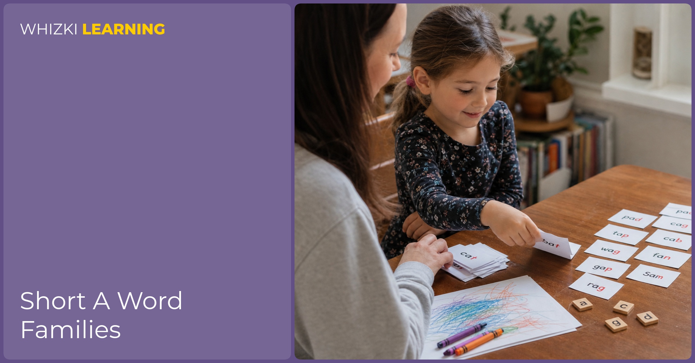 A parent helps a young child sort short A word cards at a kitchen table.