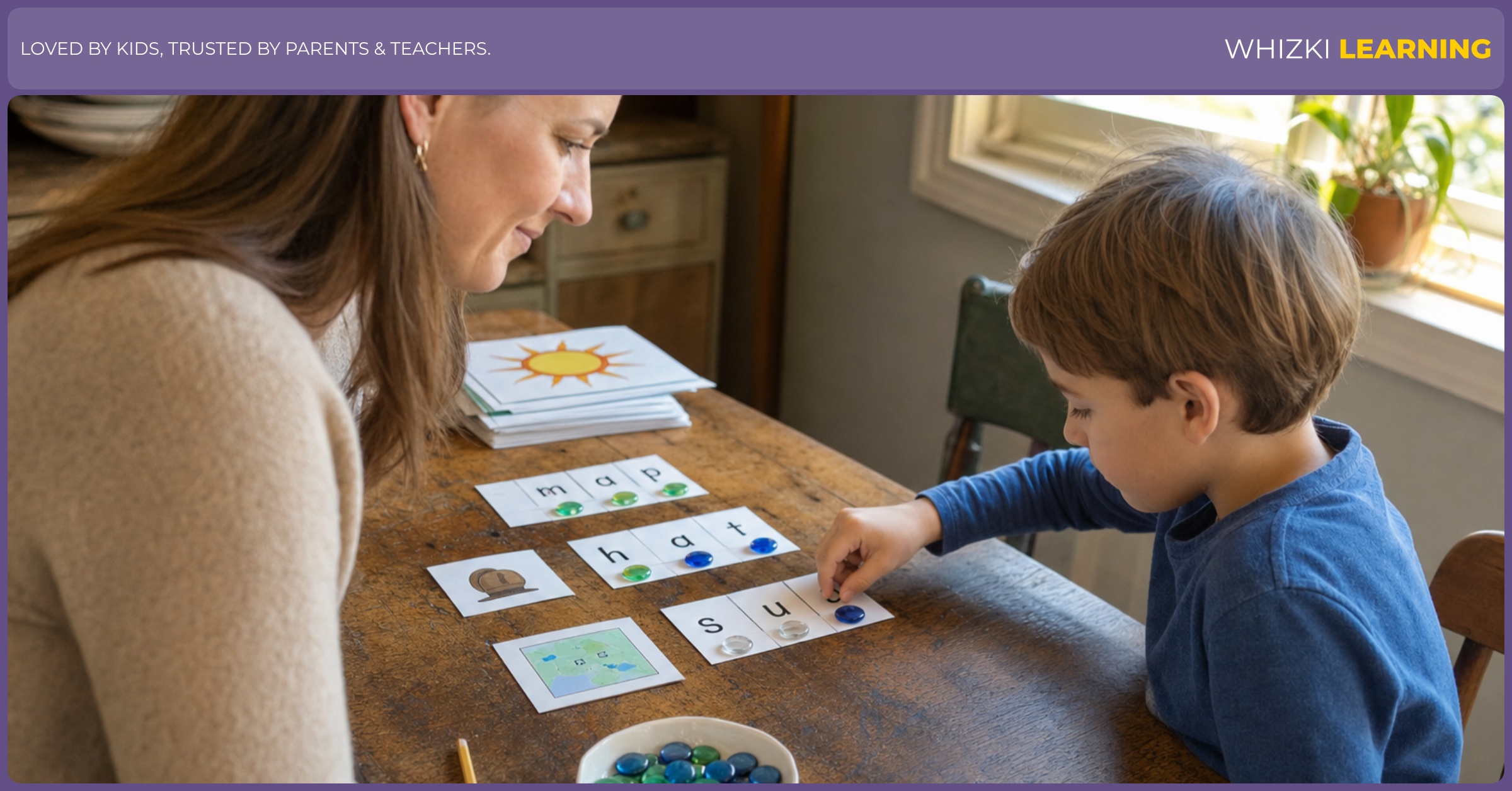 A parent and child practice short U word cards with counters at a warm kitchen table.