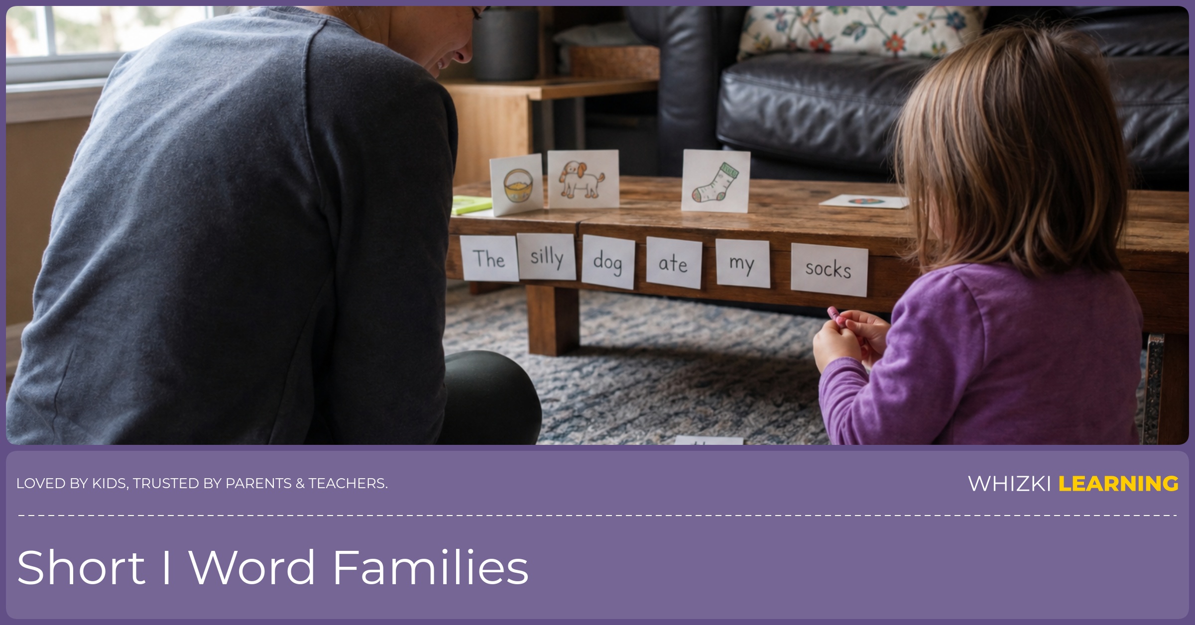 A caregiver and child play a silly short I sentence game with paper cards at home.