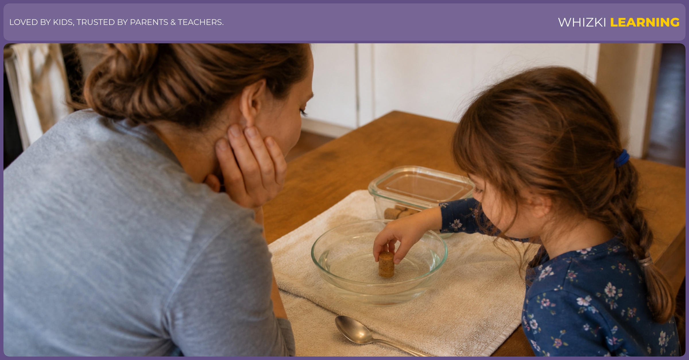 A caregiver watches a child place a safe object into a shallow bowl during a sink-or-float prediction test.