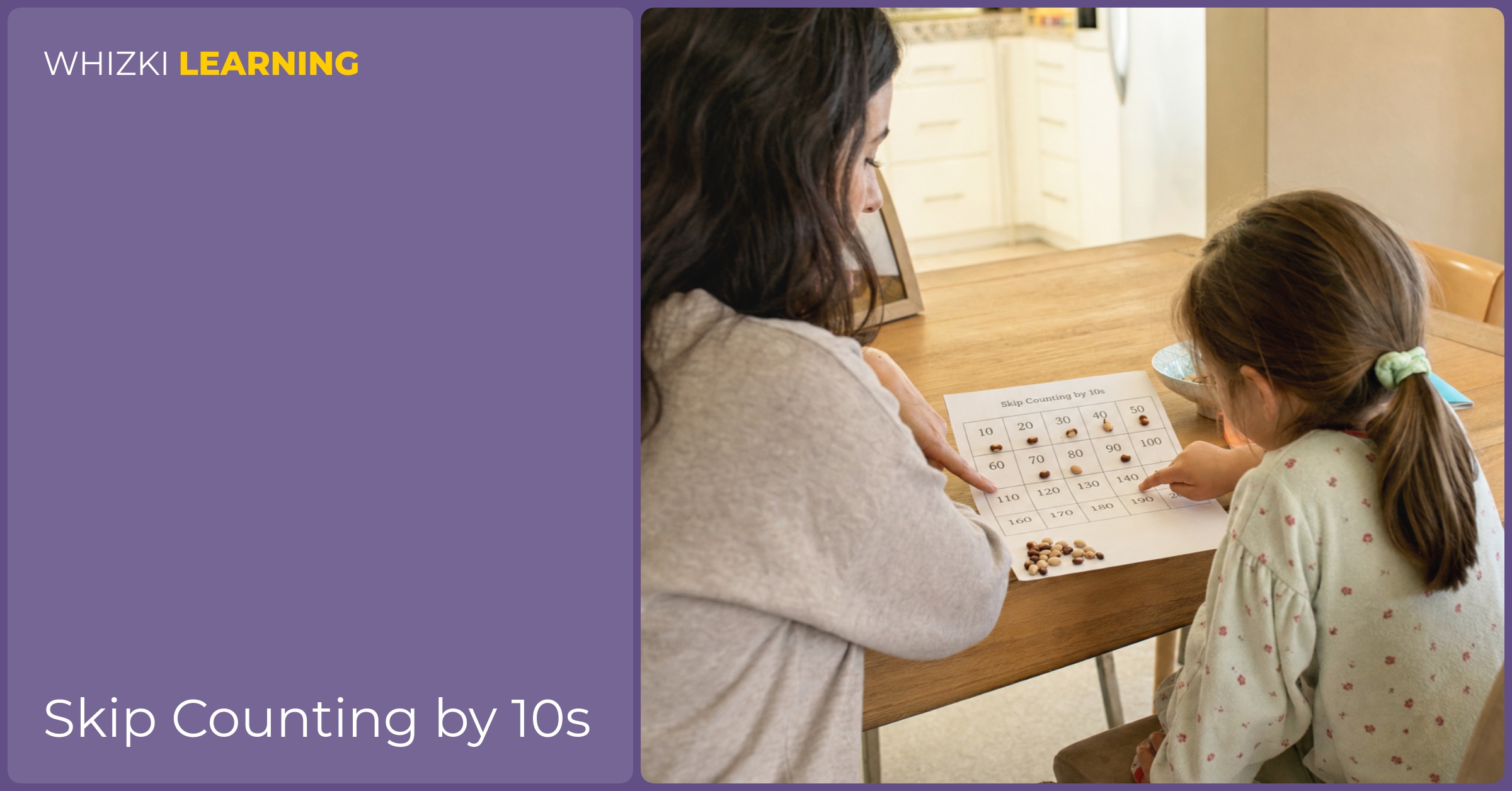A parent and child count by tens with counters on a printed chart at the kitchen table.