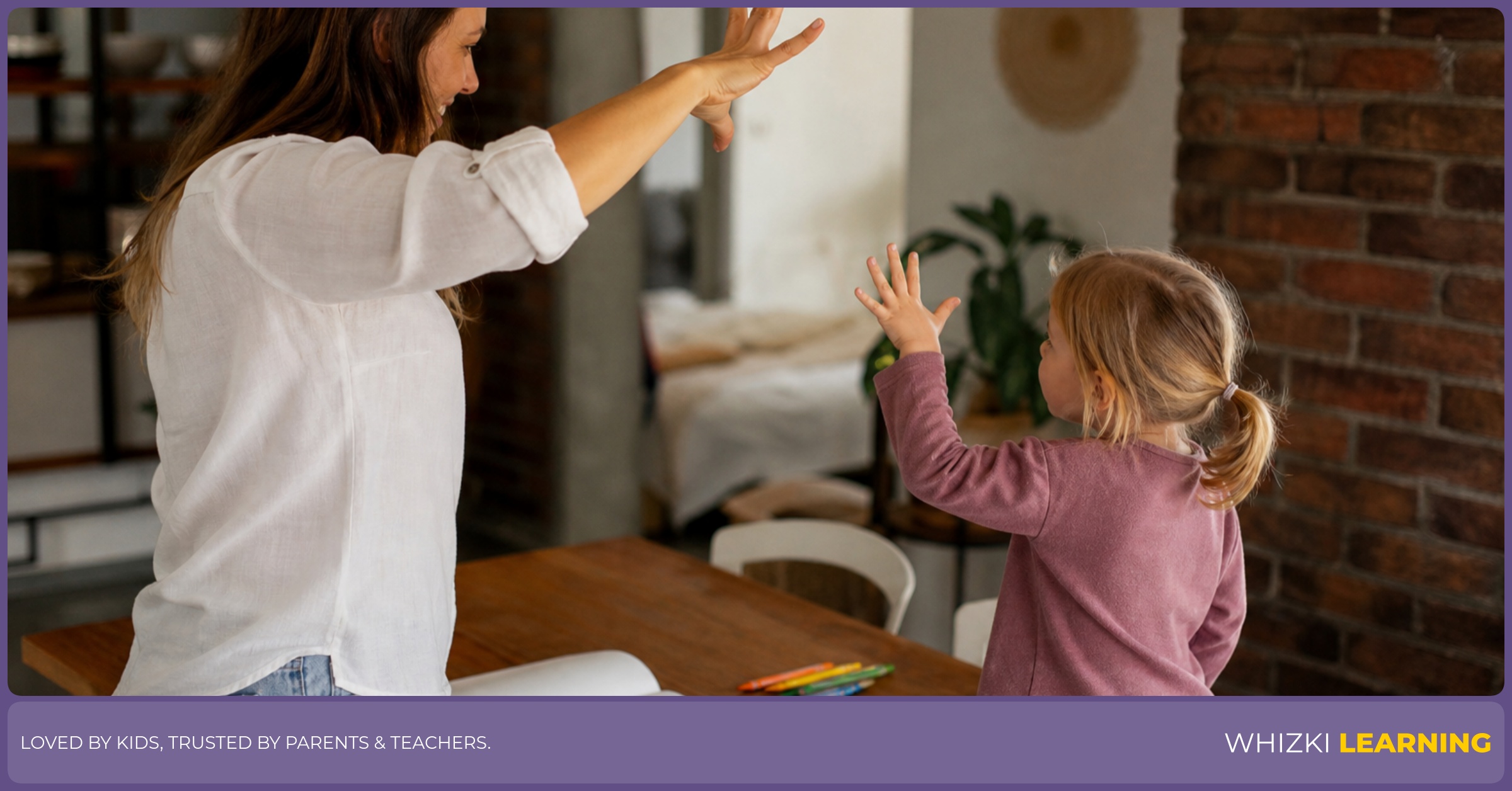 A parent and child practice sky-writing number shapes beside a table with crayons and paper ready.