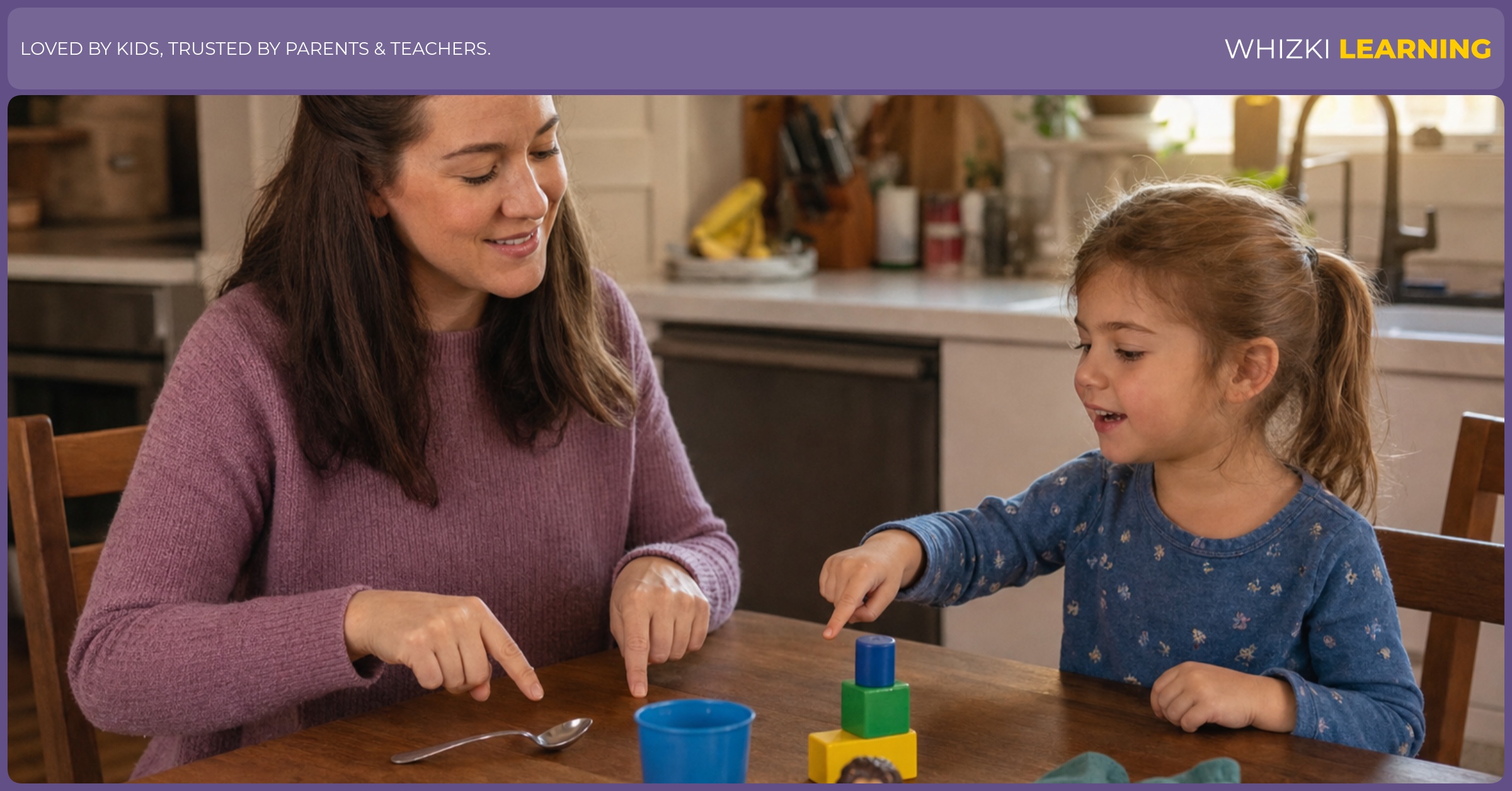 A caregiver and child tap out the first sound in spoken words using their fingers at a kitchen table