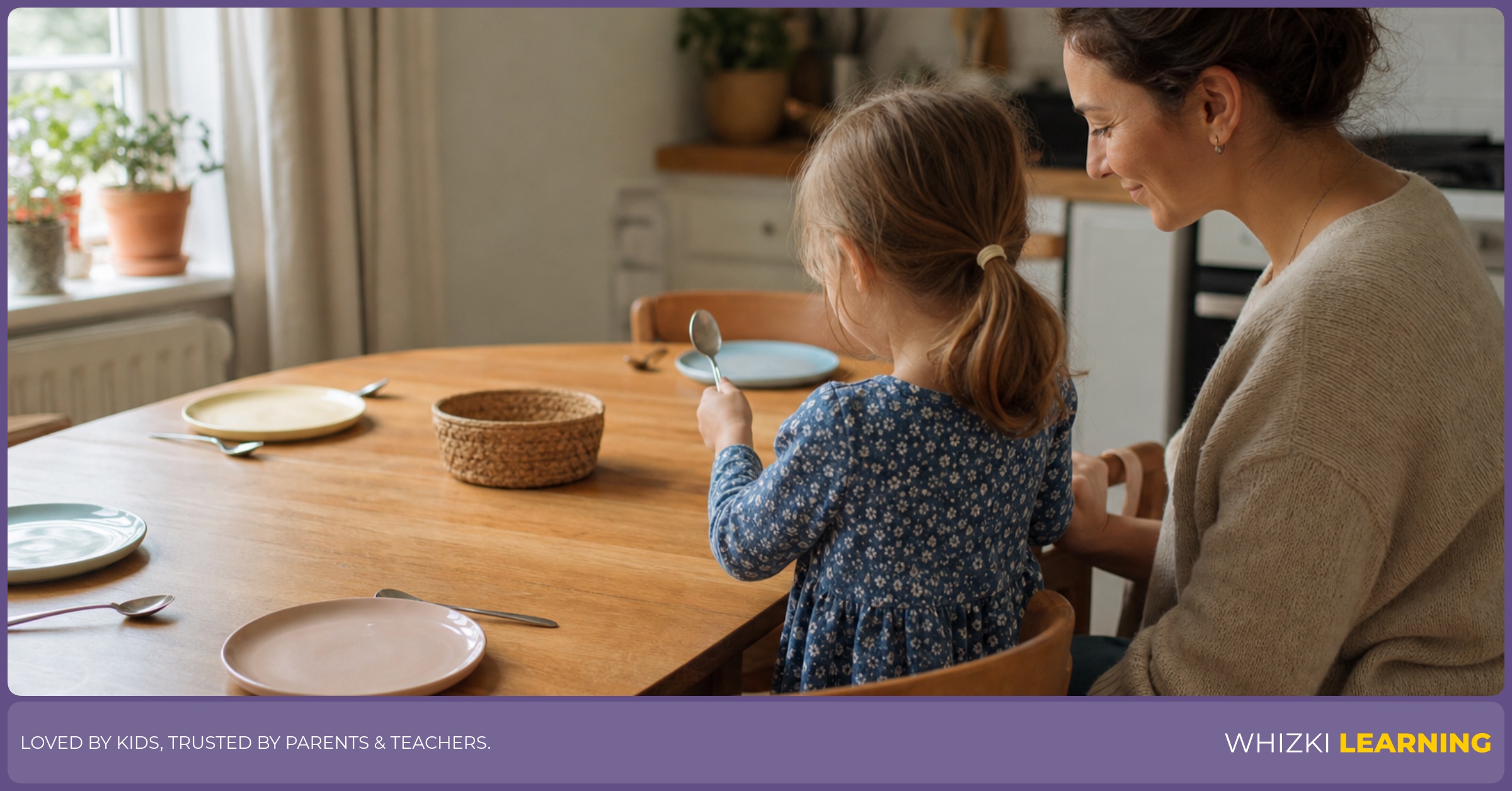 A caregiver helps a preschool child set spoons at each place and count the spoons at the table.