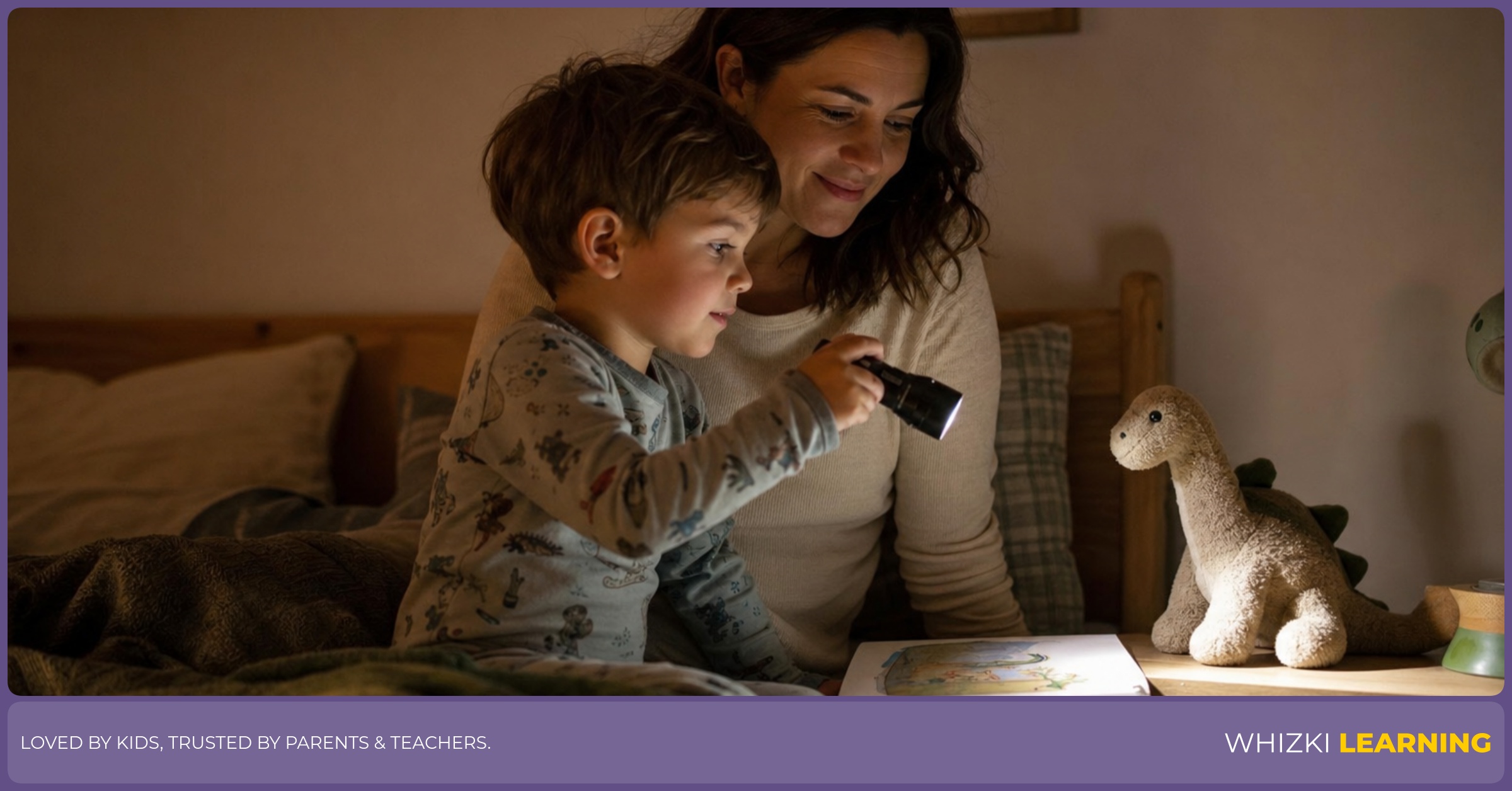A parent and child in a cozy bedroom using a small flashlight to point at a book and toy during a calm bedtime word game, warm natural light, gentle focus.
