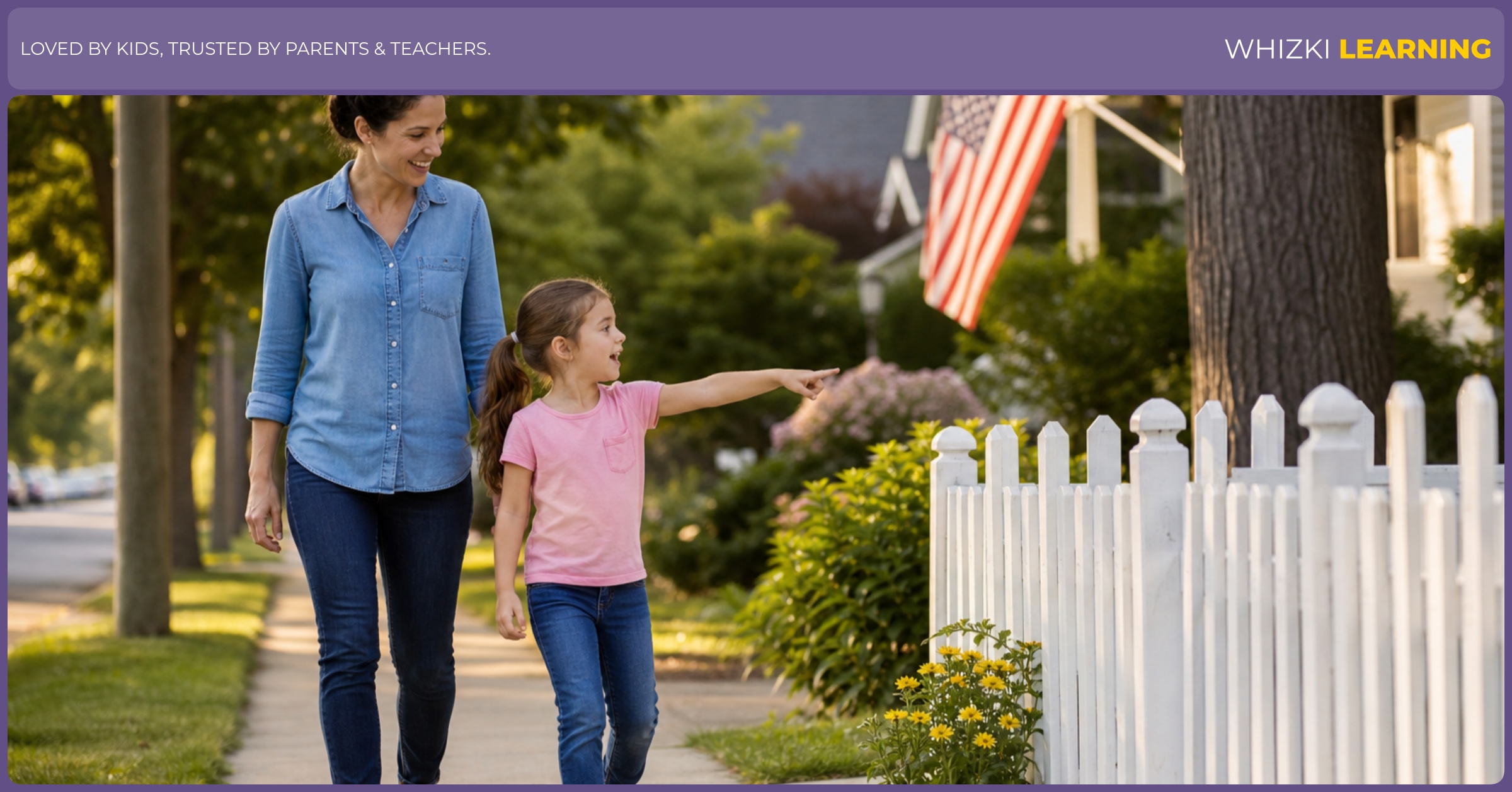 A parent and child walk outside and point to objects starting with F while practicing the words together.