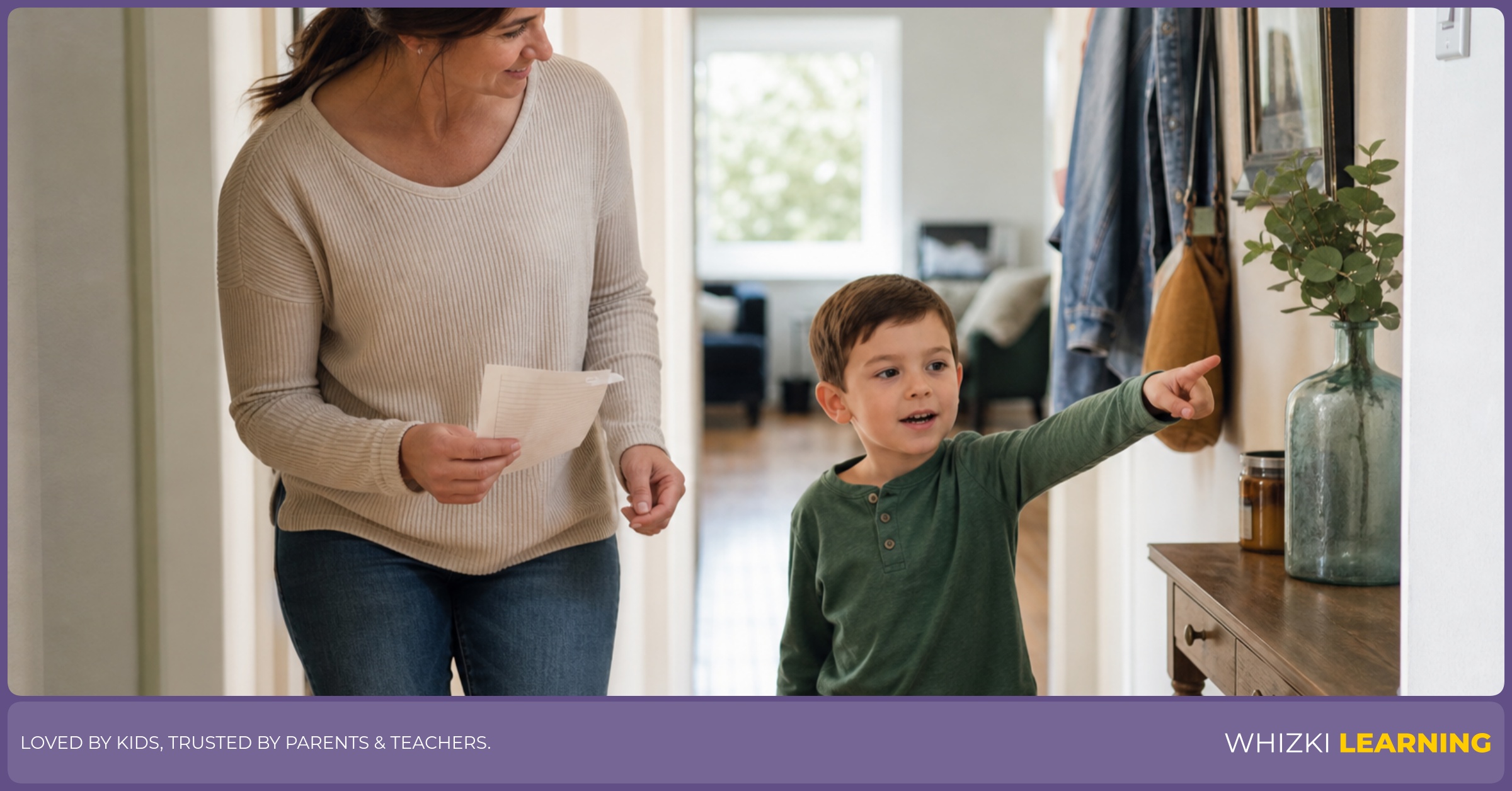 A parent and child walk through a hallway, pointing at everyday items that start with the letter I while staying calm and engaged.