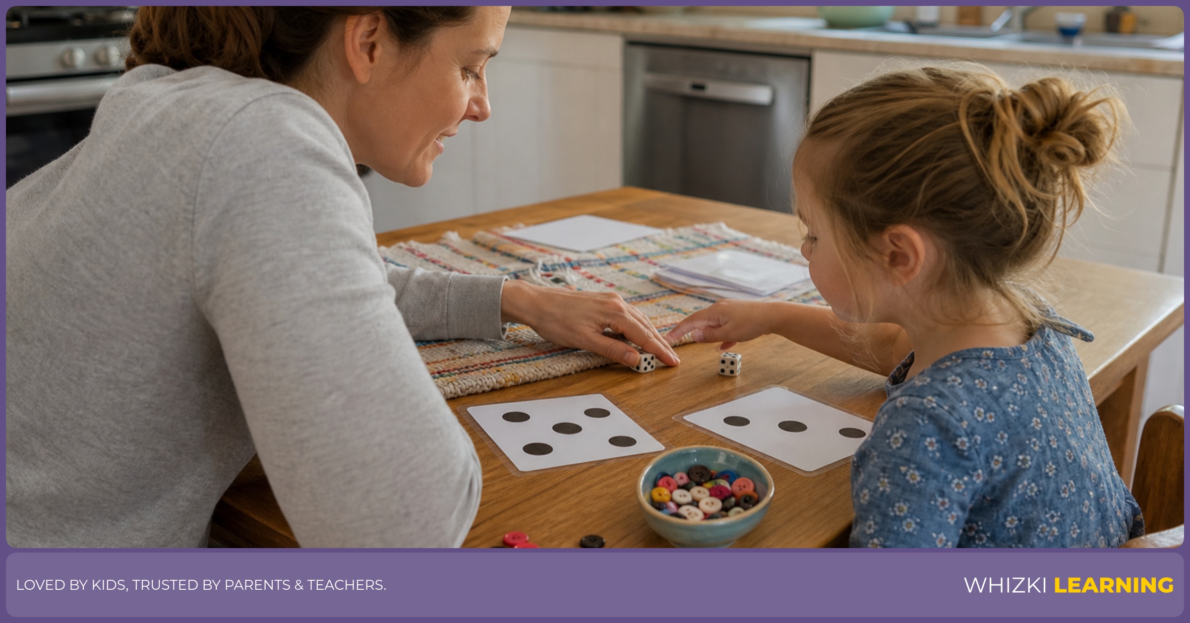 A parent and child look at dice dots and match the amount with buttons during kitchen play.