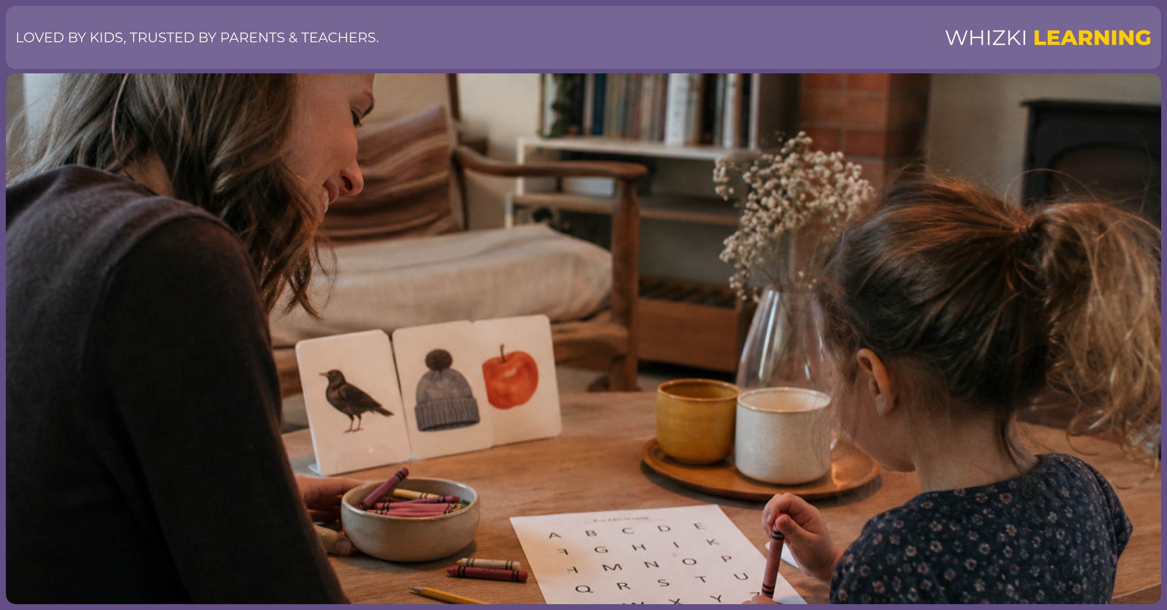 A caregiver and child use crayons and a printable page for a short summer letter routine in a sunny living room.
