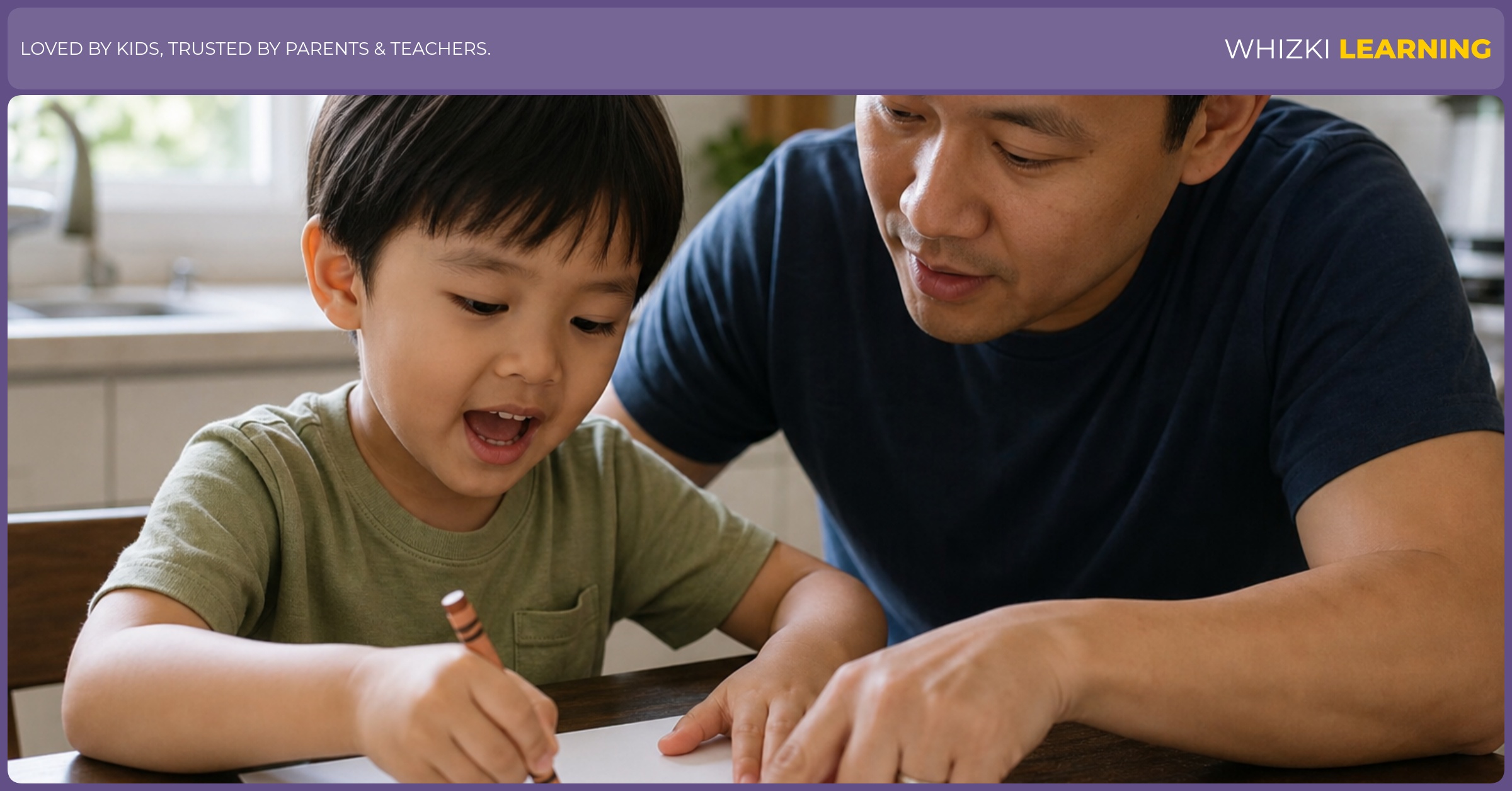 A parent and child tracing the uppercase letter T on paper at the kitchen table while practicing a T adjective.