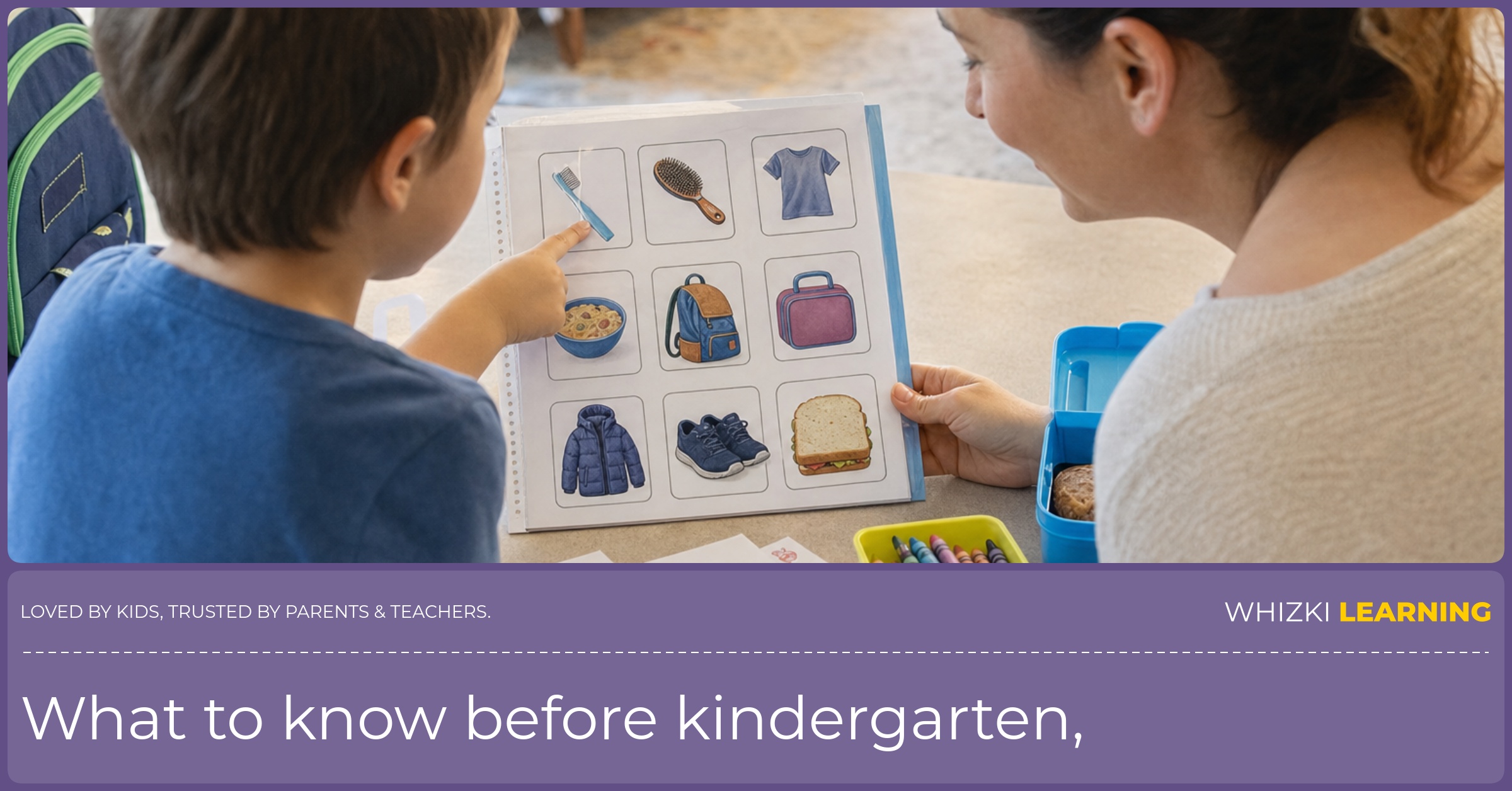 A parent and child sit at a kitchen table practicing a morning checklist with paper, crayons, and a lunch container.