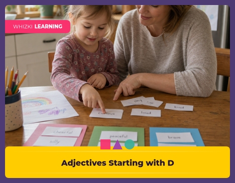 A parent and preschool child sit at a kitchen table with adjective word cards, sorting them into three piles with gentle focus and warm natural light.