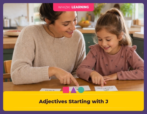 Parent and child at a kitchen table calmly sorting J adjective cards into feeling piles, with fingers pointing to the chosen word