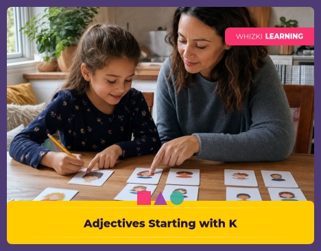 A parent and child sit at a kitchen table, calmly sorting paper cards with K adjectives into three piles, with fingers pointing and a pencil nearby, warm natural light, screen-free.