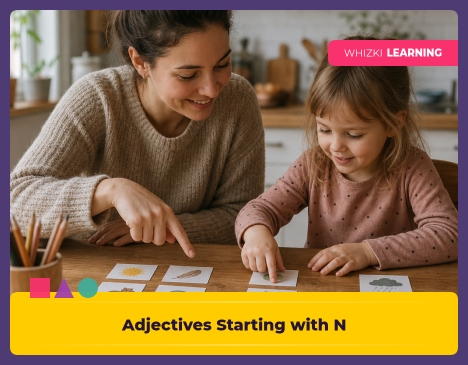 Parent and child sorting N adjective cards at a kitchen table, fingers on the cards, calm smiles, warm natural light