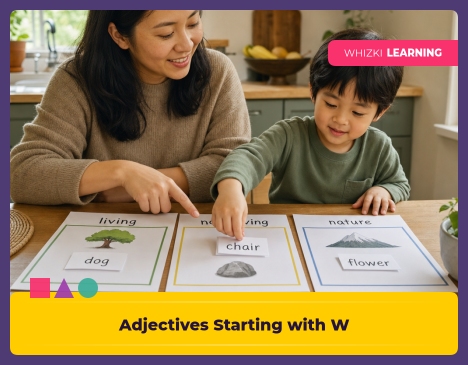 A parent and child sort W adjective cards into three piles at a kitchen table