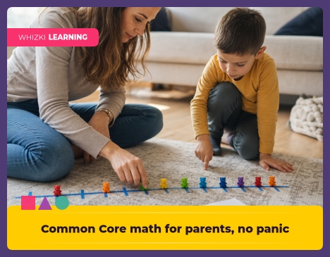 A parent and kindergartener sit on a living-room floor with a taped number line and counting bears, smiling as they count together.