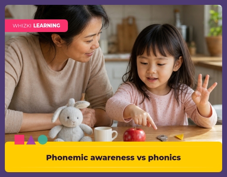 A parent and preschool child sit at a kitchen table, taking turns tapping out sounds on their fingers while speaking and smiling calmly