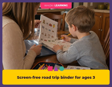 Screen-free road trip binder for ages 3 to 7 || 'Tips for making learning at home super fun.'