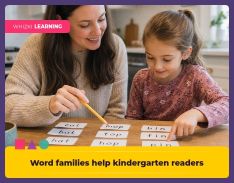 A parent and kindergarten child sit at a kitchen table with paper word cards, fingers pointing to letter chunks, and a pencil used for gentle sound tapping in warm natural light.