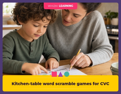 A parent and child sit at a kitchen table using a paper word scramble, with fingers pointing to letters and a pencil ready to write the unscrambled word.