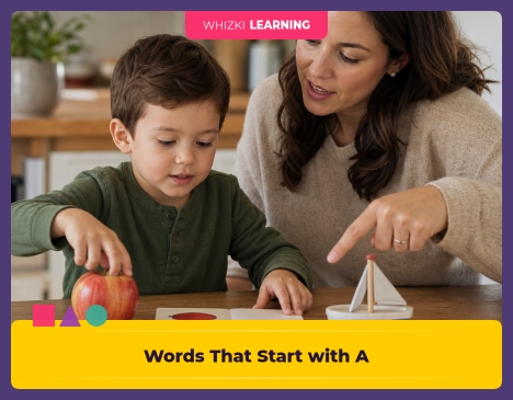 A parent and child at a kitchen table handle an apple, a book, and a small toy boat while practicing letter A words with calm, focused attention and warm natural light.
