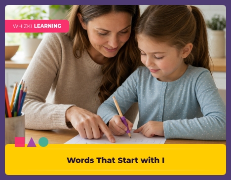 A parent and child sit at a kitchen table with paper and crayons, pointing to letter I practice materials with gentle smiles and focused hands.