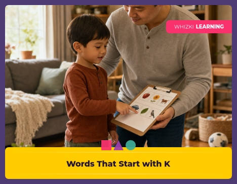 A parent and child walk through a cozy living room, the child points to a picture card while the parent gently prompts with K words. Warm natural light fills the scene, and both look calm and focused.