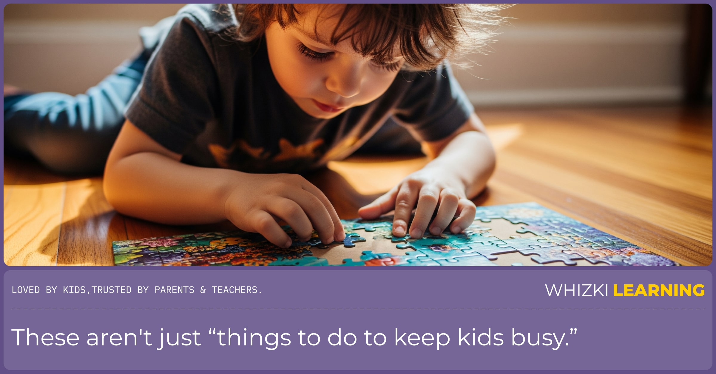 A child deeply engrossed in completing a colorful jigsaw puzzle on a wooden floor.