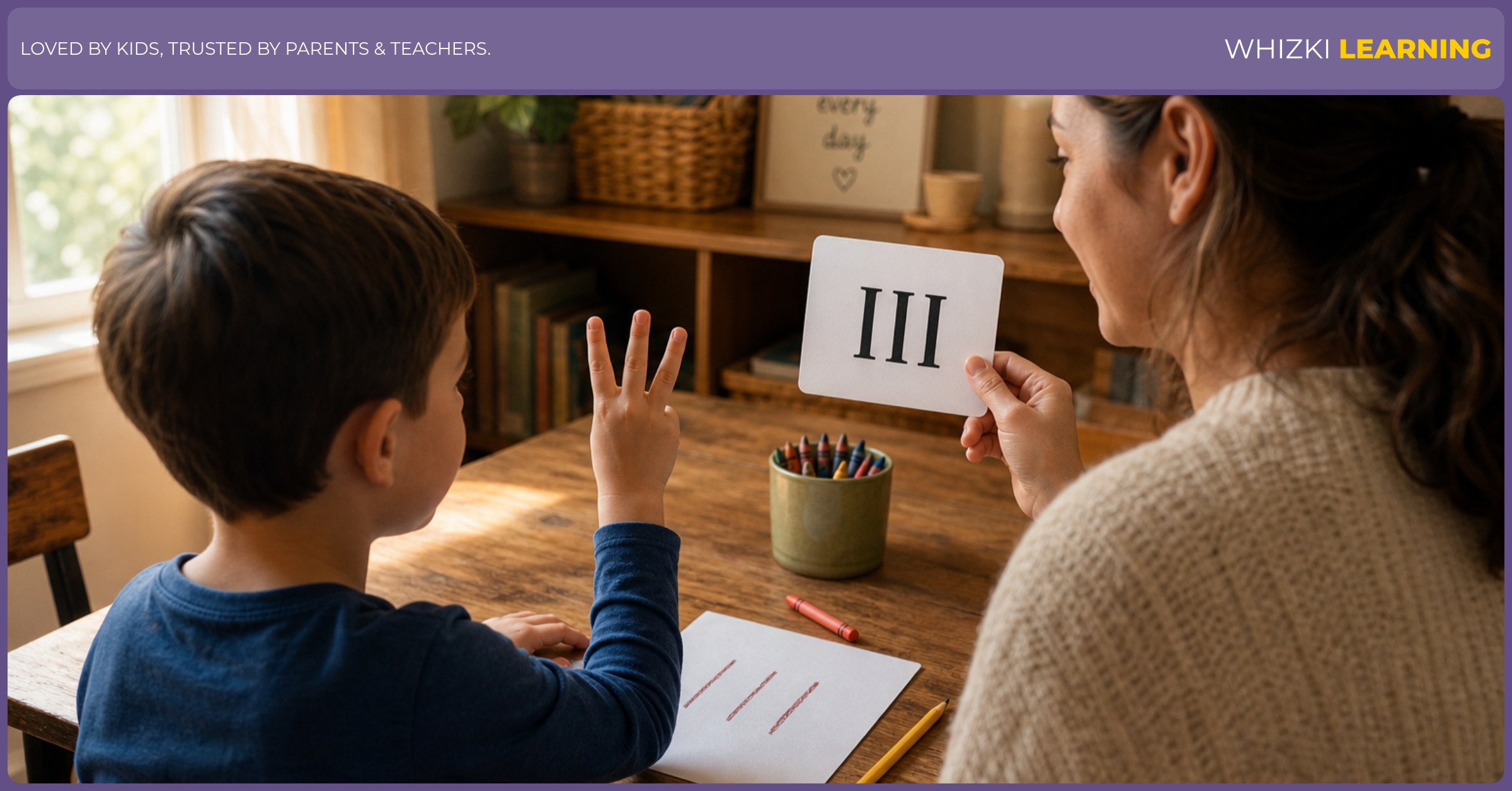 A parent and child sit at a table, the child holds up three fingers while the parent points to three vertical marks drawn like a tic-tac-toe row
