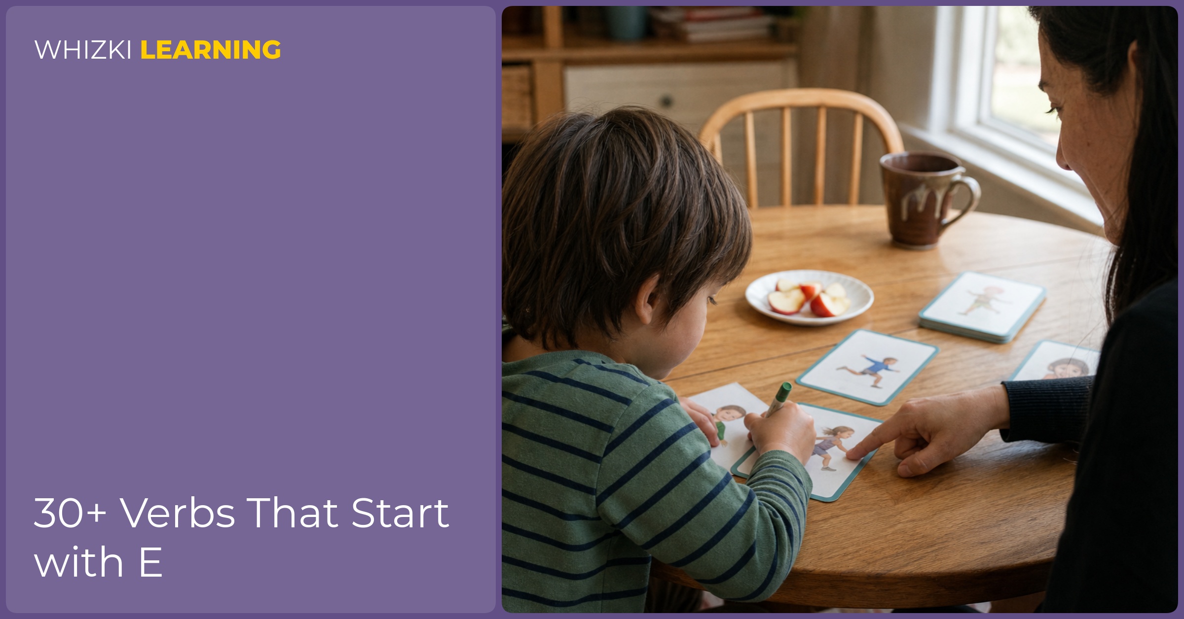 A child traces E verb cards with a crayon while an adult points gently beside the paper.